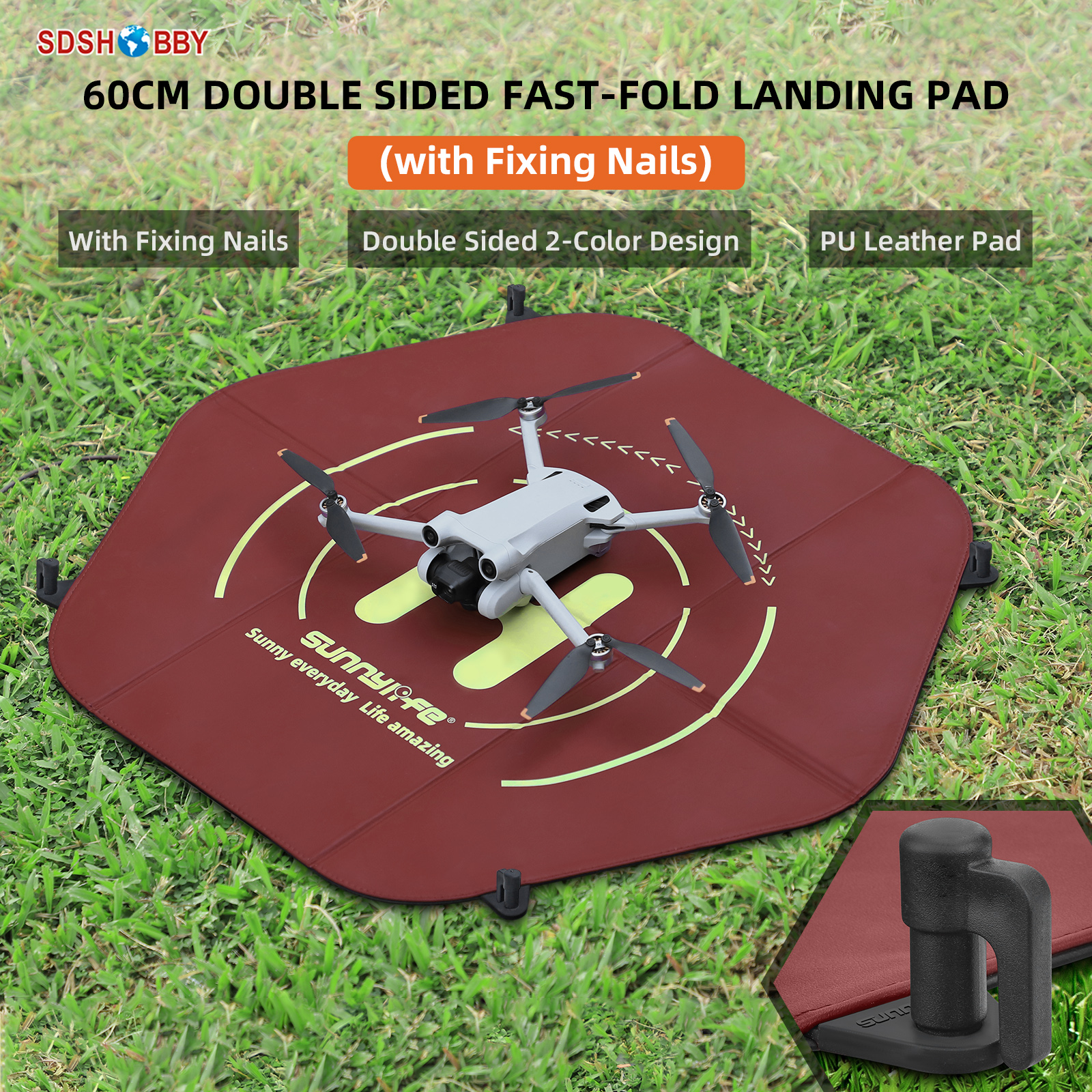 Sunnylife Drone Landing Pad 60cm(23.6in) FastFold DoubleSided Helipad with Fixing Nails for